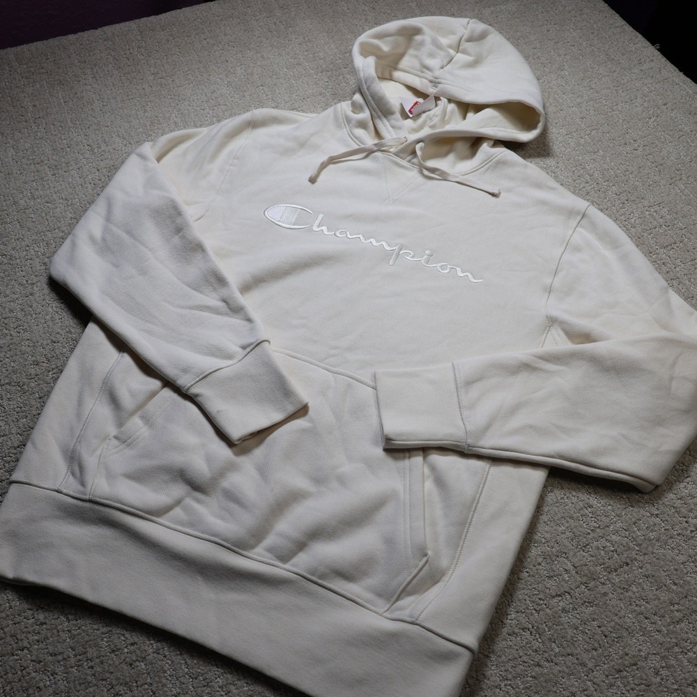 Champion Iconic Pullover Hoodie Unbleached Cotton Cream Script CPU000FH01051